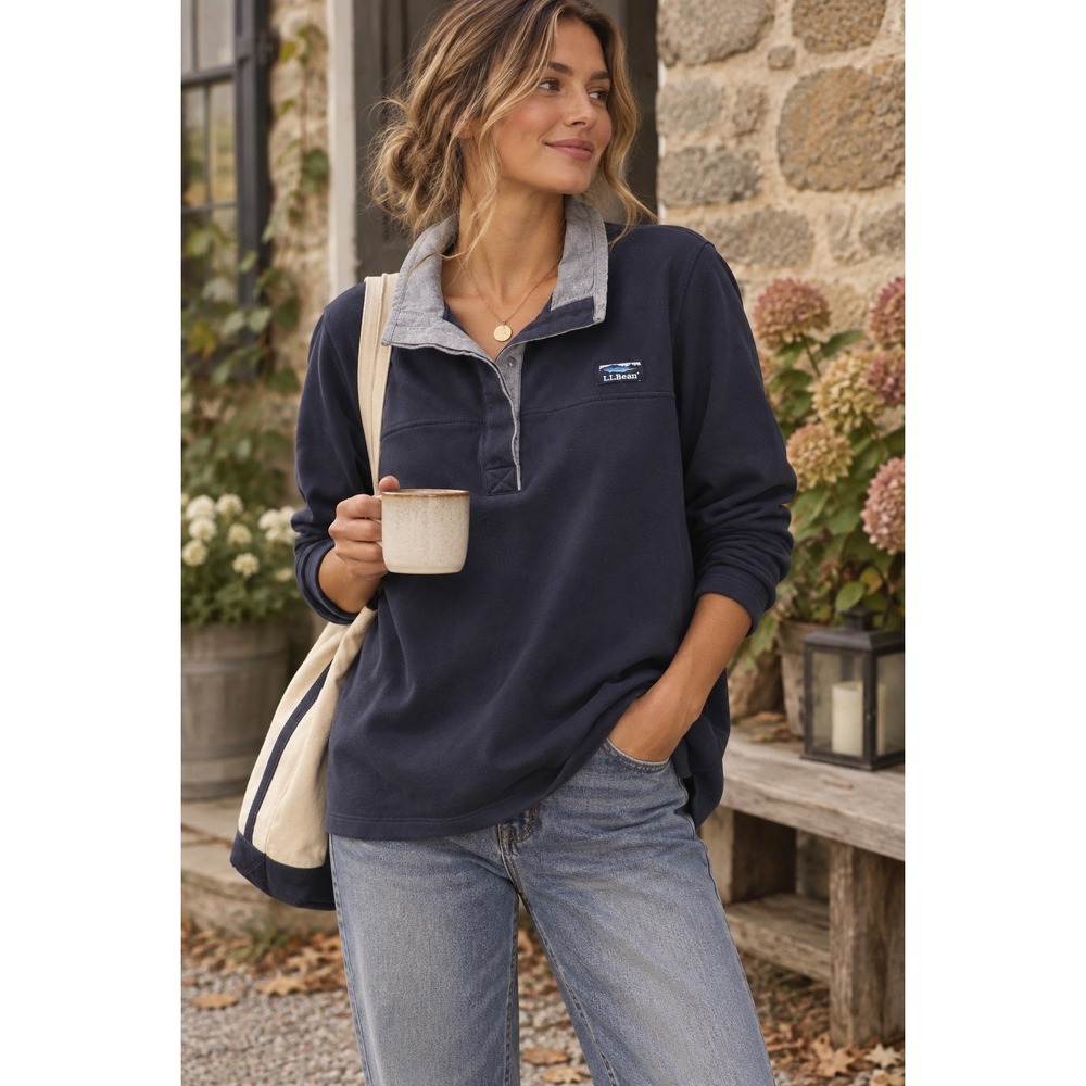 LL Bean Womens XL Navy Blue 100% Cotton Quarter Button Cottagecore Sweatshirt.